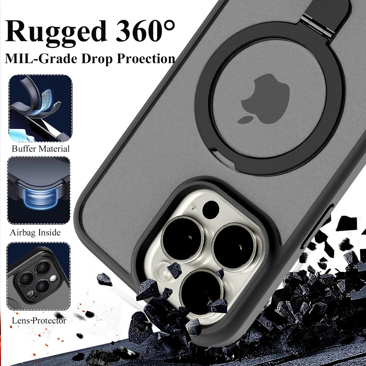 Magnetic Ring Stand Translucent Case with Screen Protector for iPhone 15 Pro & iPhone 15 Pro Max