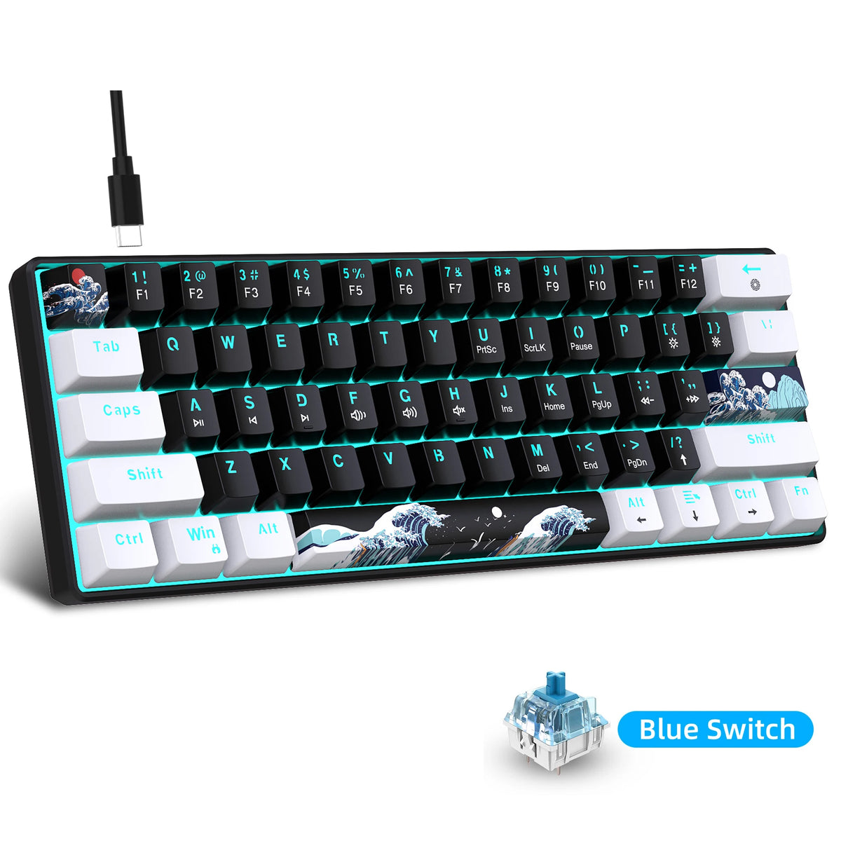 60% Mechanical Gaming Keyboard – Blue Switches, Sea Blue Backlit, Compact Wired Keyboard