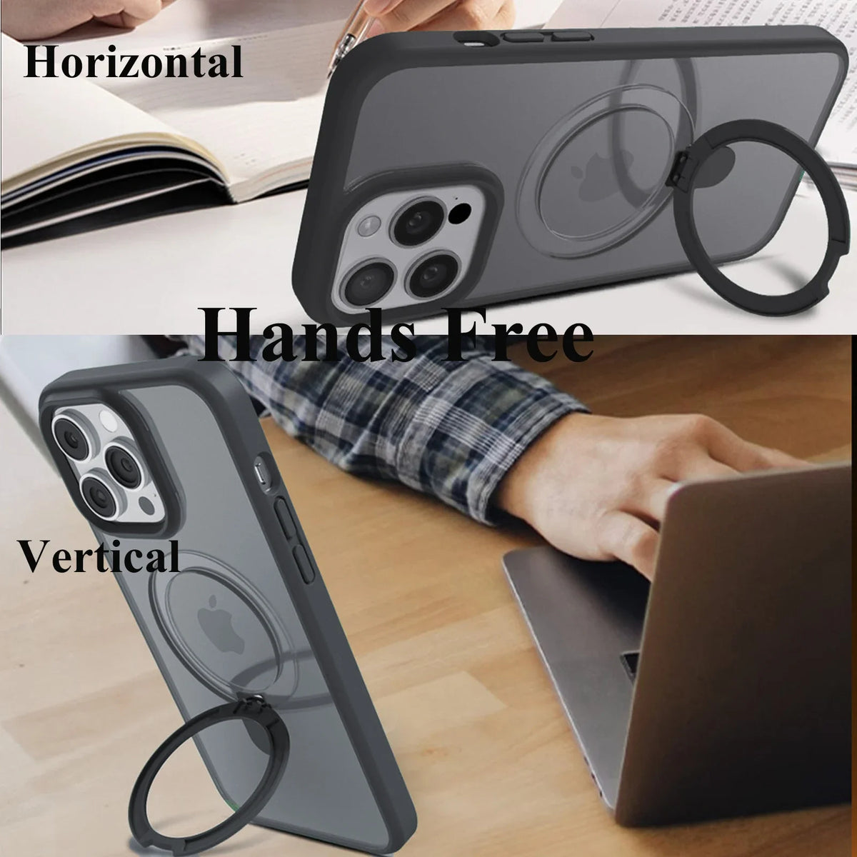 Magnetic Ring Stand Translucent Case with Screen Protector for iPhone 15 Pro & iPhone 15 Pro Max
