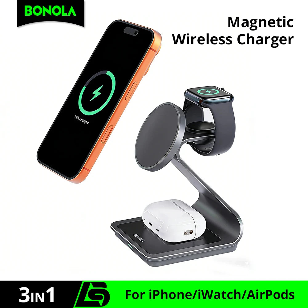Bonola 3-in-1 Magnetic Wireless Charging Station for iPhone, Apple Watch & AirPods