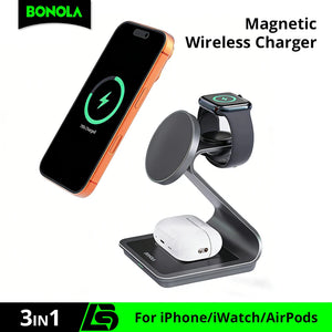Bonola 3-in-1 Magnetic Wireless Charging Station for iPhone, Apple Watch & AirPods image 1