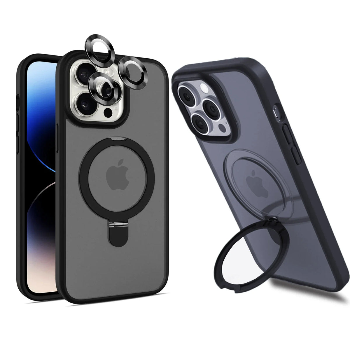 Magnetic Ring Stand Translucent Case with Screen Protector for iPhone 15 Pro & iPhone 15 Pro Max